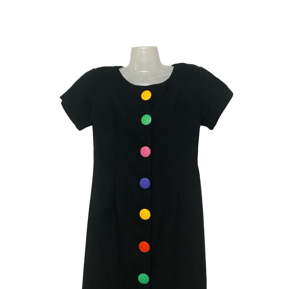 Vintage Rainbow Button Front Fitted David Mitchell Petite 80’s Dress Black - Picture 10 of 14